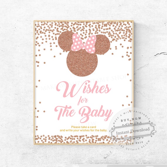 Wishes for Baby Sign Download, Well Wishes for Baby Rose Gold and Pink Minnie Baby Shower Games Decor, Minnie Mouse Baby Shower Sign US461 Il_570xn