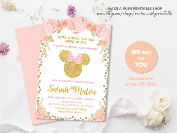 Baby Shower Invitation Girl, Floral Baby Shower Invite, Baby Girl Shower Invitation, Pink and Gold Baby Shower, Floral Minnie Mouse US261 Il_570xn