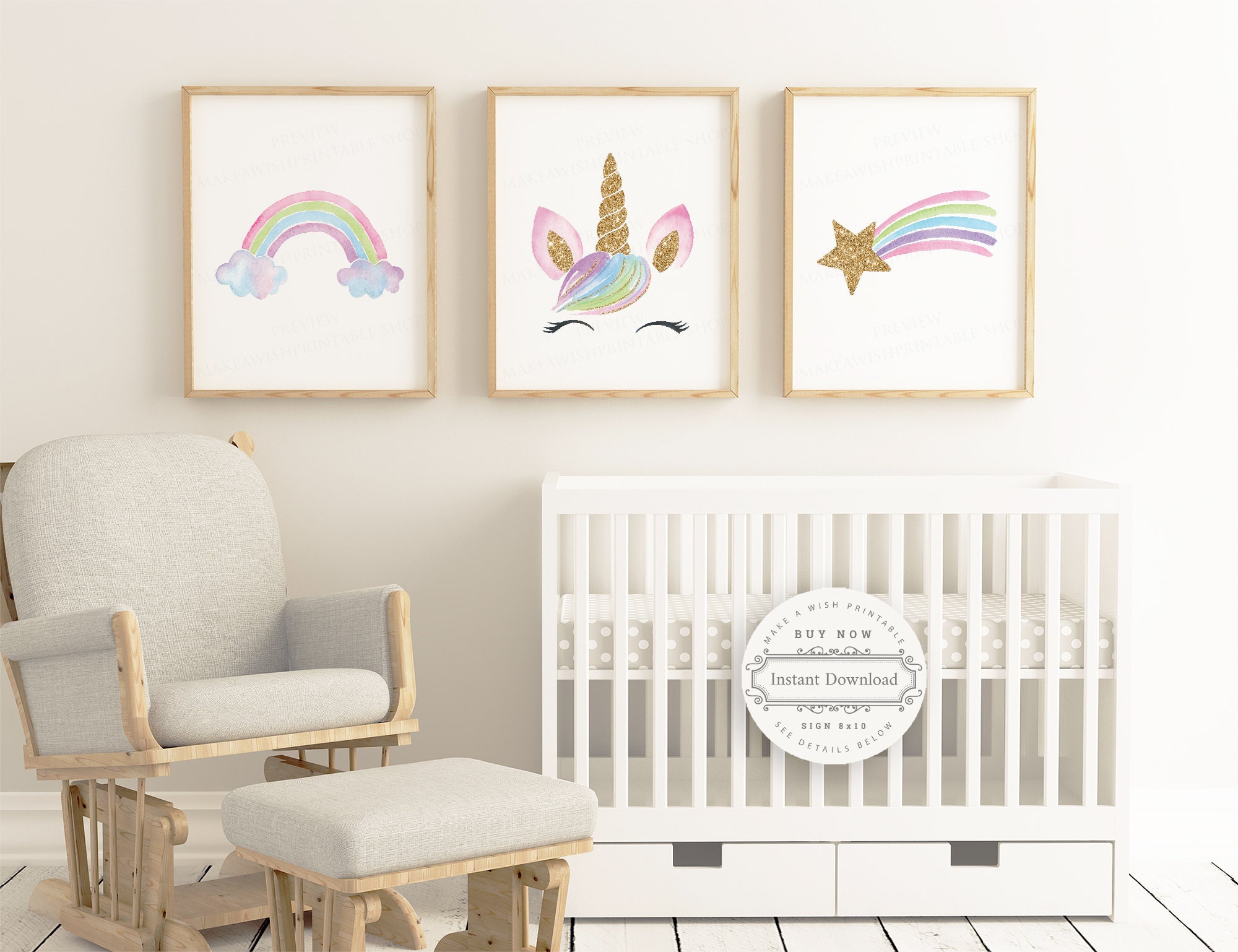 Unicorn Nursery Print Set Printable Personalized Set of 3 Floral Pastel Unicorn Trio Wall Art Decor #UniND Monogram Baby Shower Gift