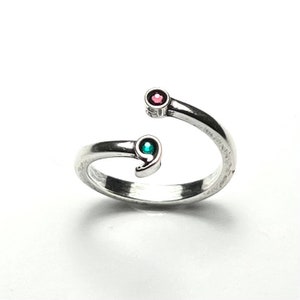 Semicolon Ring with Two Birthstones. Sterling Silver 925