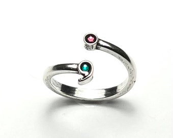 Semicolon Ring with Two Birthstones. Sterling Silver 925
