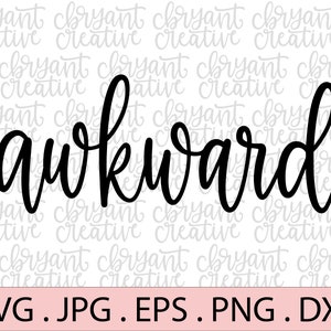 May include: Black and white digital download of the word "awkward" written in a cursive font. The text is on a white background with a watermark.