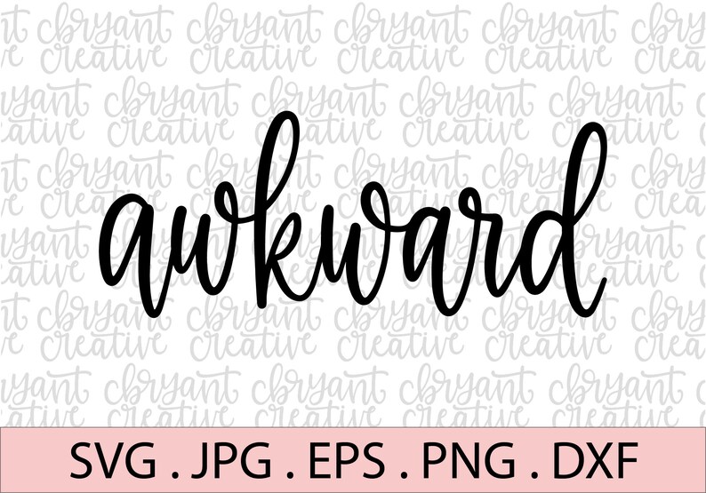 May include: Black and white digital download of the word "awkward" written in a cursive font. The text is on a white background with a watermark.