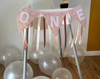 Eerste verjaardag kinderstoel banner babymeisje, roze 1e verjaardag kinderstoel vlaggenlijn, cake Smash prop, één vlaggetje, blush roze feestdecoratie
