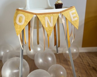Yellow First Birthday Highchair Banner, 1st Birthday High Chair Bunting, One Bunting, First Trip Around Sun Party, You Are My Sunshine Decor