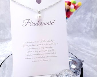 Bridesmaid  Pearl & Silver Necklace with Message Card, Lovely wedding gift.