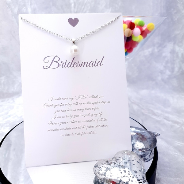 Bridesmaid  Pearl & Silver Necklace with Message Card, Lovely wedding gift.