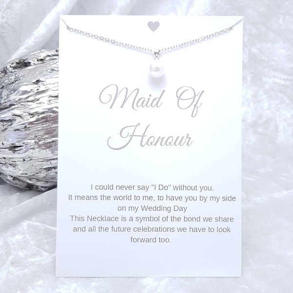 Maid of Honour Pearl & Silver Necklace with Message Card, Lovely wedding gift.