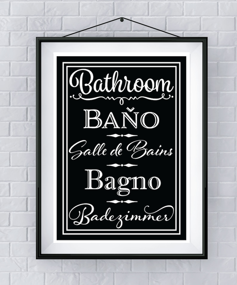 Bathroom Wall Art Languages 8 X 10 Inch Unframed Matted Print black