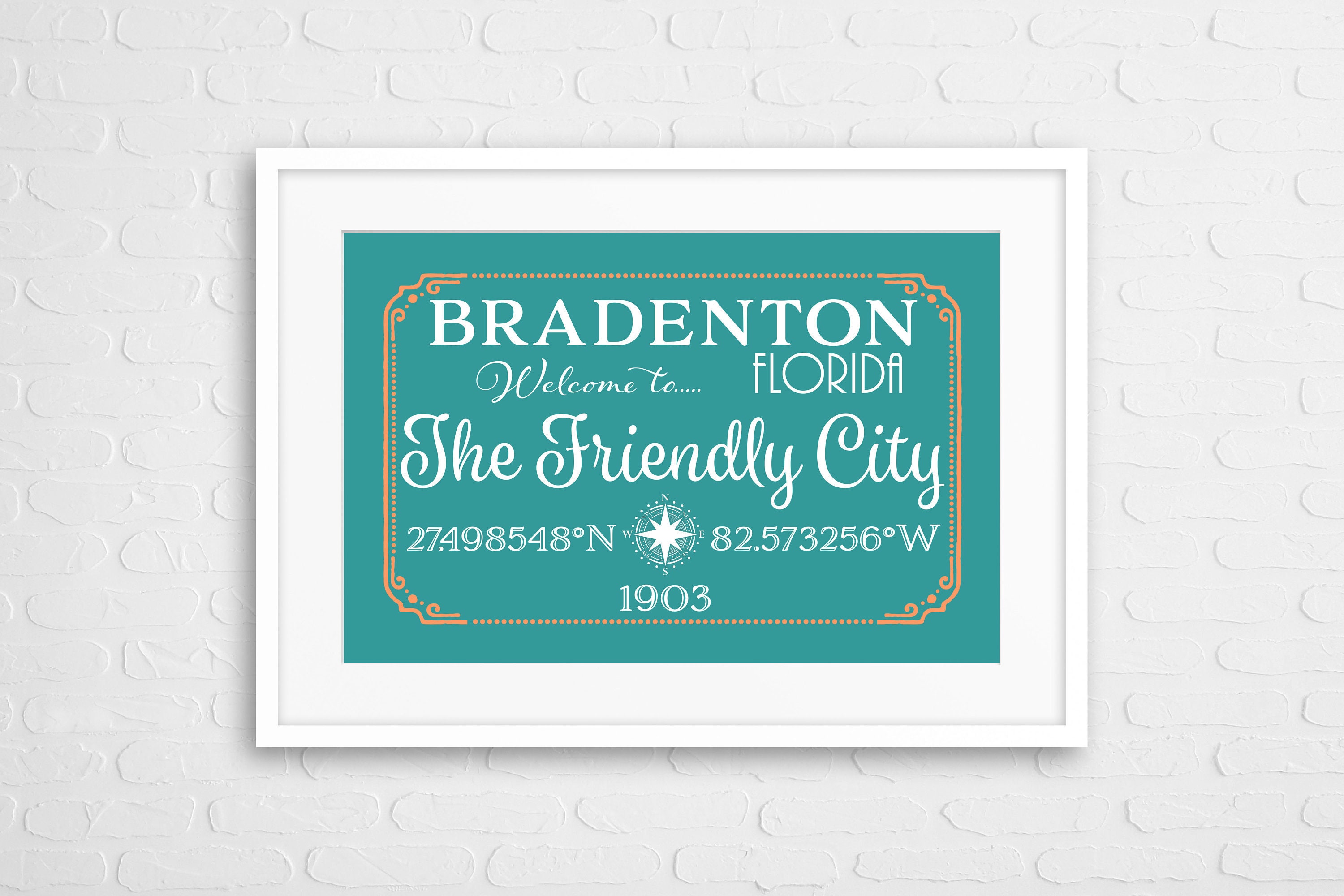 City Sign Florida Wall Art Bradenton Unframed Matted Print Aqua Or Drk Grey Free Shipping