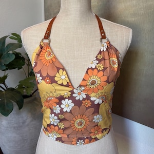 60’s inspired floral halter top, retro style, hippie chic, vintage floral tube top, flower child, groovy funflower print, tie back crop top