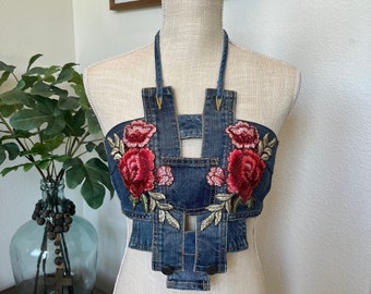 Handmade denim pocket Belt with Floral Embellishments 48 inches Upcycled Boho Denim Pocket Belt, DIY Jean Belt, Hippie Chic  main image 2
