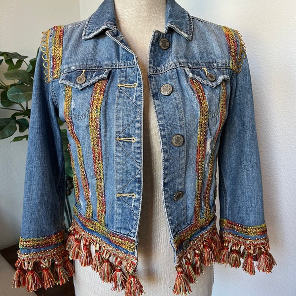 Iridescent, gold, terracotta accent trims and tassels, upcycled eco friendly, handmade, one of a kind denim jean, fall, festival jacket