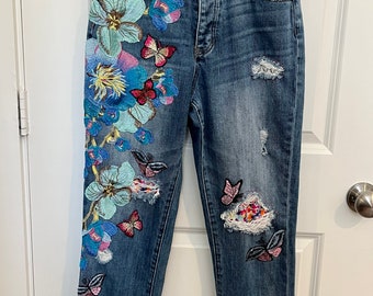 Upcycled, floral/butterfly embroidery, embellished, retro/vintage style mom denim jeans, bohemian, wearable art, statement, spring/summer