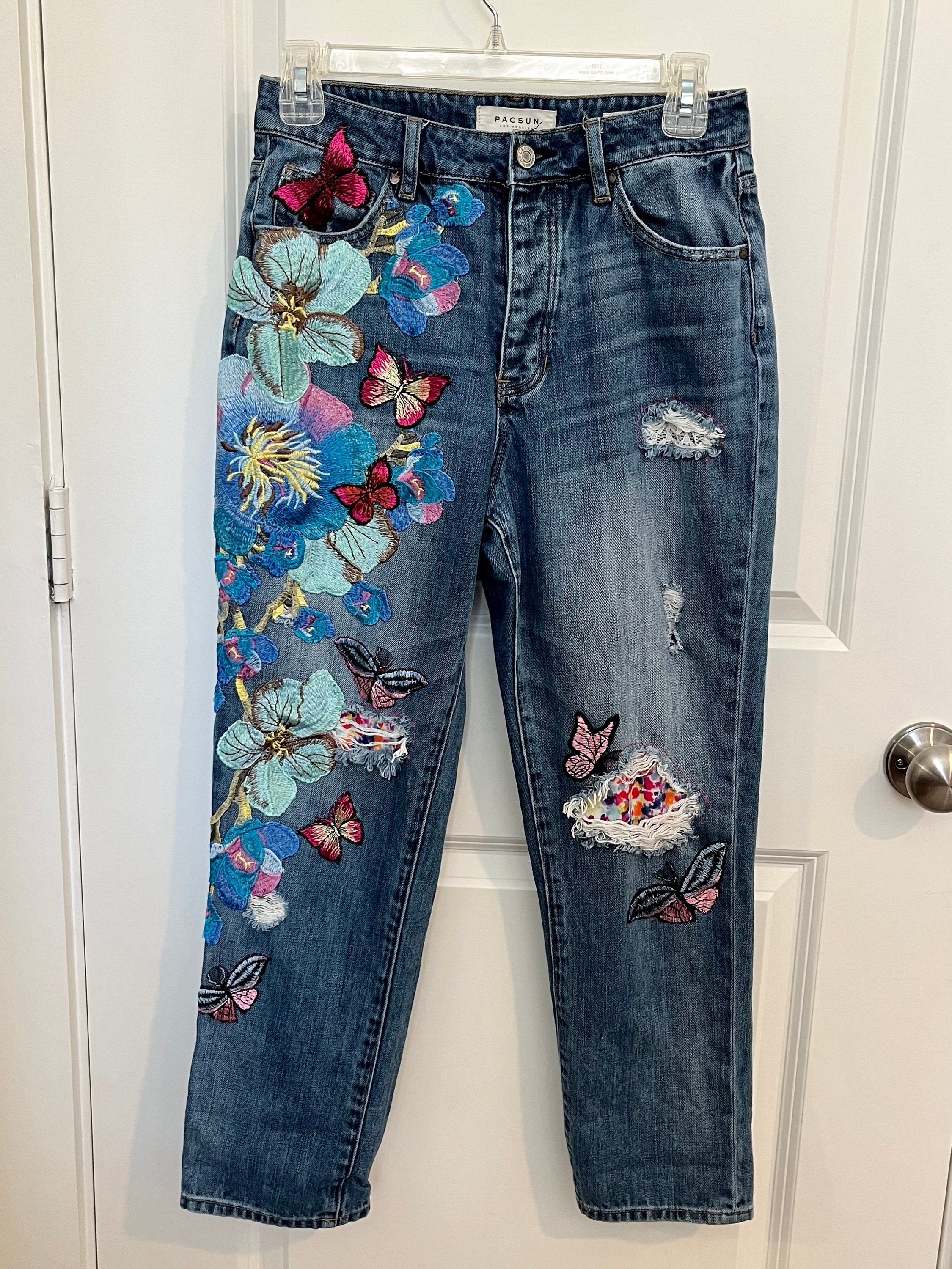 Floral embroidered mom jeans best sale