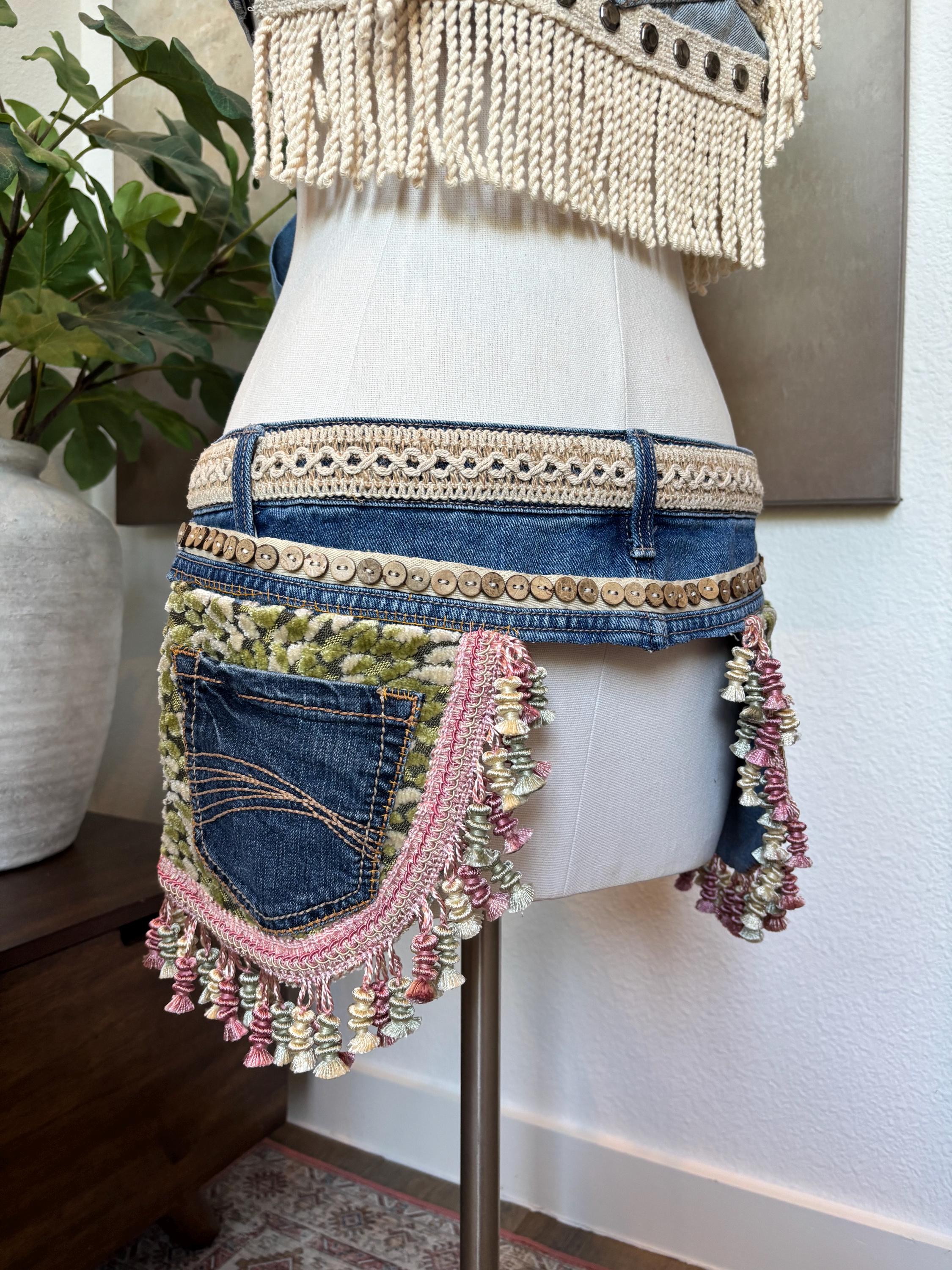 Custom order Handmade denim three pocket Gypsy belt Custom Denim Belt • Handmade Fabric-covered Dress Belt  main image 3