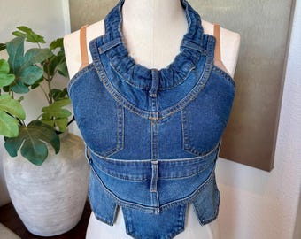 Asymmetrical Denim Halter Top: Edgy Cowboy Carter Concert Outfit