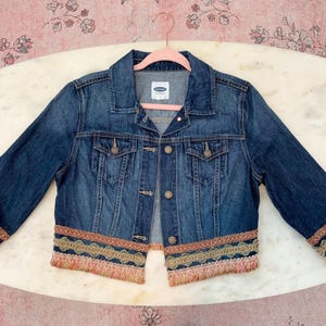Perfect fall denim jacket, upcycled, eco friendly, boho chic, bohemian style, handmade, one of a kind, embellished festival  jean jacket,