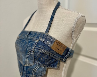 Upcycled denim cropped top, summer top, festival clothing, rave, concert outfit