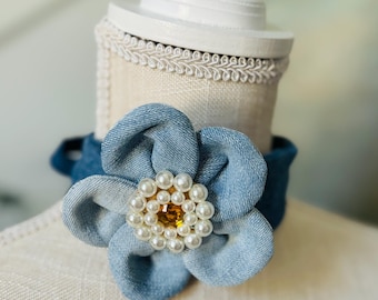 Denim floral brooch choker necklace,  floral handmade brooch, denim floral hairbands, denim floral jewely, detachable brooch, multipurpose