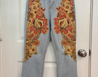 Upcycled Patchwork Denim Jeans:   Vintage Style Floral Upholstery Design, Ladie Size Medium