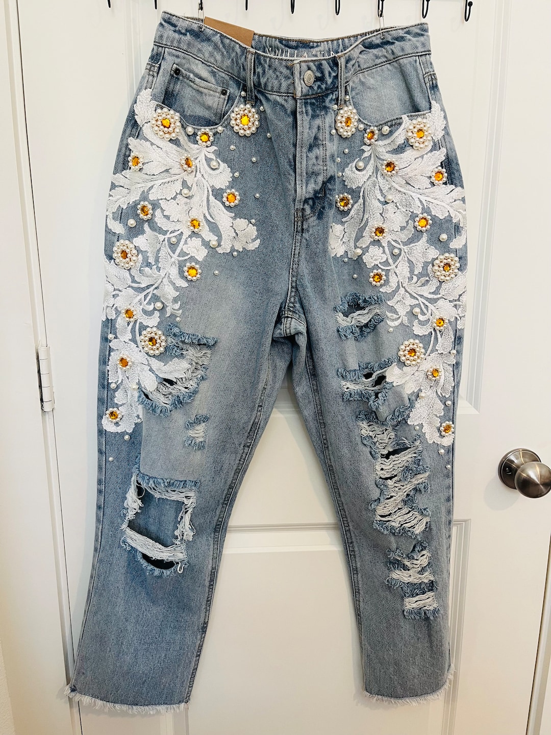 Rhinestone Pearl Bridal Jeans: Distressed Boyfriend Denim, Size 11 - Etsy