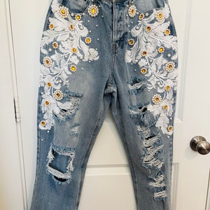 Bridal rhinestones and pearl denim jeans, future wifey bling denim outfit, bachelorette party denim, vintage boyfriend ladies size 11 jeans