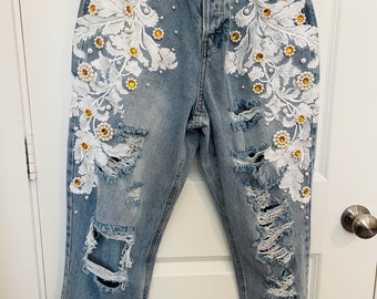 Rhinestone Pearl Bridal Jeans: Distressed Boyfriend Denim, Size 11
