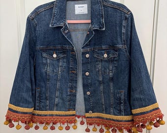 Upcycled Bohemian Denim Jacket, Vintage Style, Embellished, Womens XL Jean Jacket