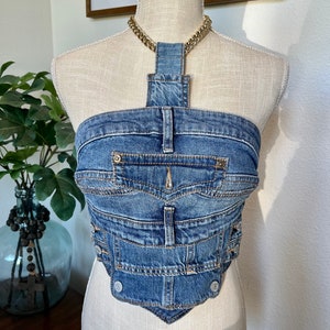 Upcycled Denim Halter Top: Gold Chain, Modern Boho Chic (Size Small)