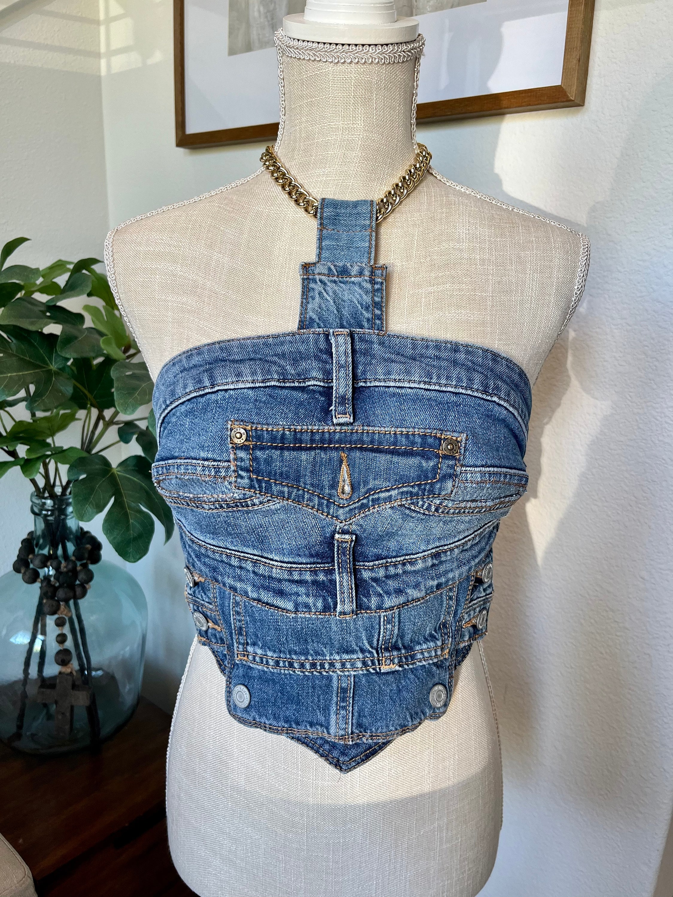 Gold chain, upcycled, deconstructed, futuristic, modern boho chic, street style, one of a kind, denim on denim, rave, concert, festival top