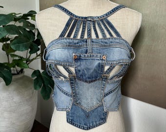 Upcycled Denim Corset: Strappy Peekaboo Top, Size Small