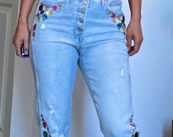 Rhinestone Boho Skinny Jeans: Upcycled High Rise Bedazzled Denim