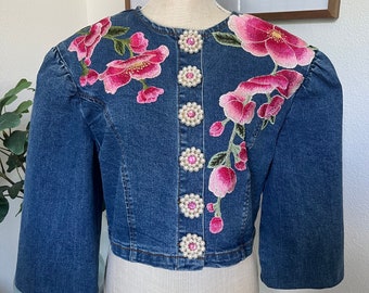 Bell sleeved, Pearl and rhinestone fixed buttons, floral embroidery, bohemian, upcycled denim jacket