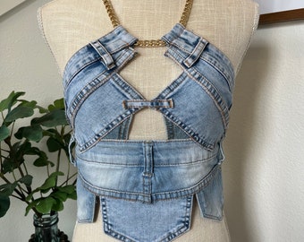 Upcycled futuristic fashion top, modern chic denim crop top, Cowboy Carter concert  corset top, size small, cross cross metal strap denim