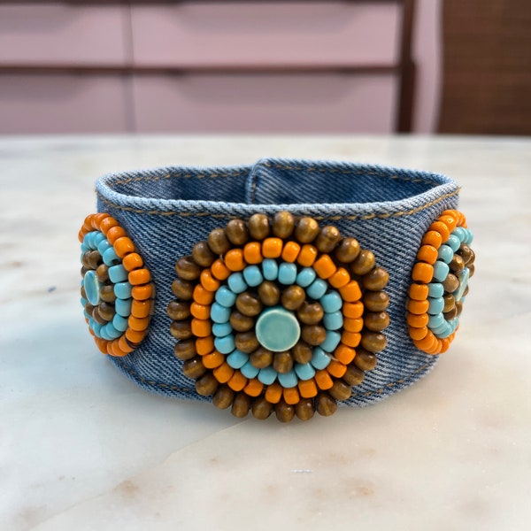 Upcycled denim cuff bracelet, handmade boho wrestlet, beaded wrestlet accessory, recycled blue jean denim cuff, vintage style bracelet cuff