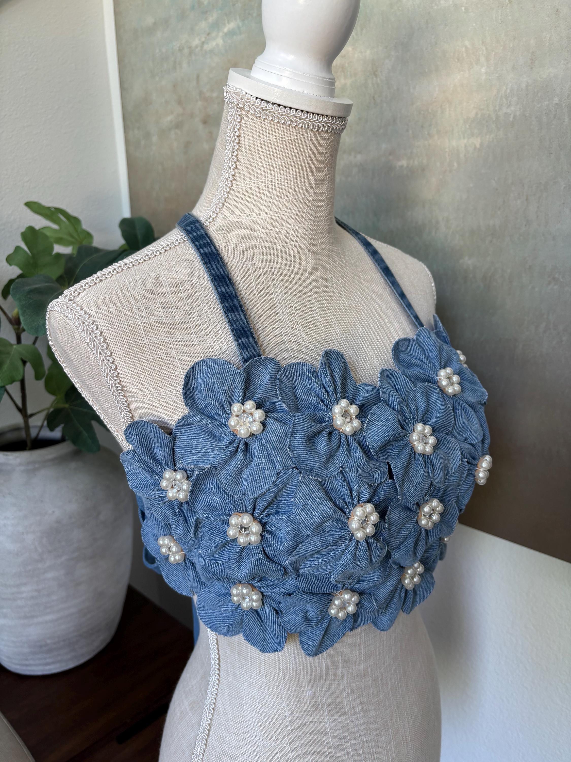 Handmade Denim Floral Corset Top: Upcycled Jean Bustier - Etsy