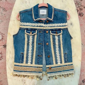 Embellished denim, vintage style, upcycled, one of a kind, ladies denim vest