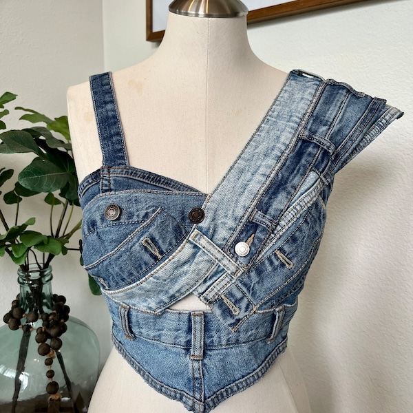 Edgy, rock chic, music festival, concert, upcycled, futuristic, rave, punk rock, stylish, asymmetrical, denim on denim, bustier corset top