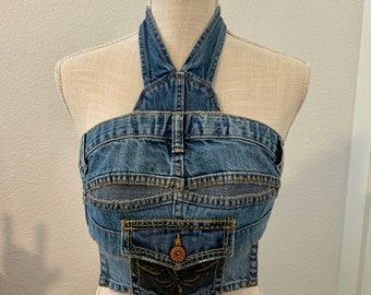 Festival concert, gno, street style, upcycled, eco conscious, handmade, one of a kind, Summer denim cropped top