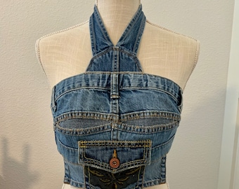 Festival concert, gno, street style, upcycled, eco conscious, handmade, one of a kind, Summer denim cropped top