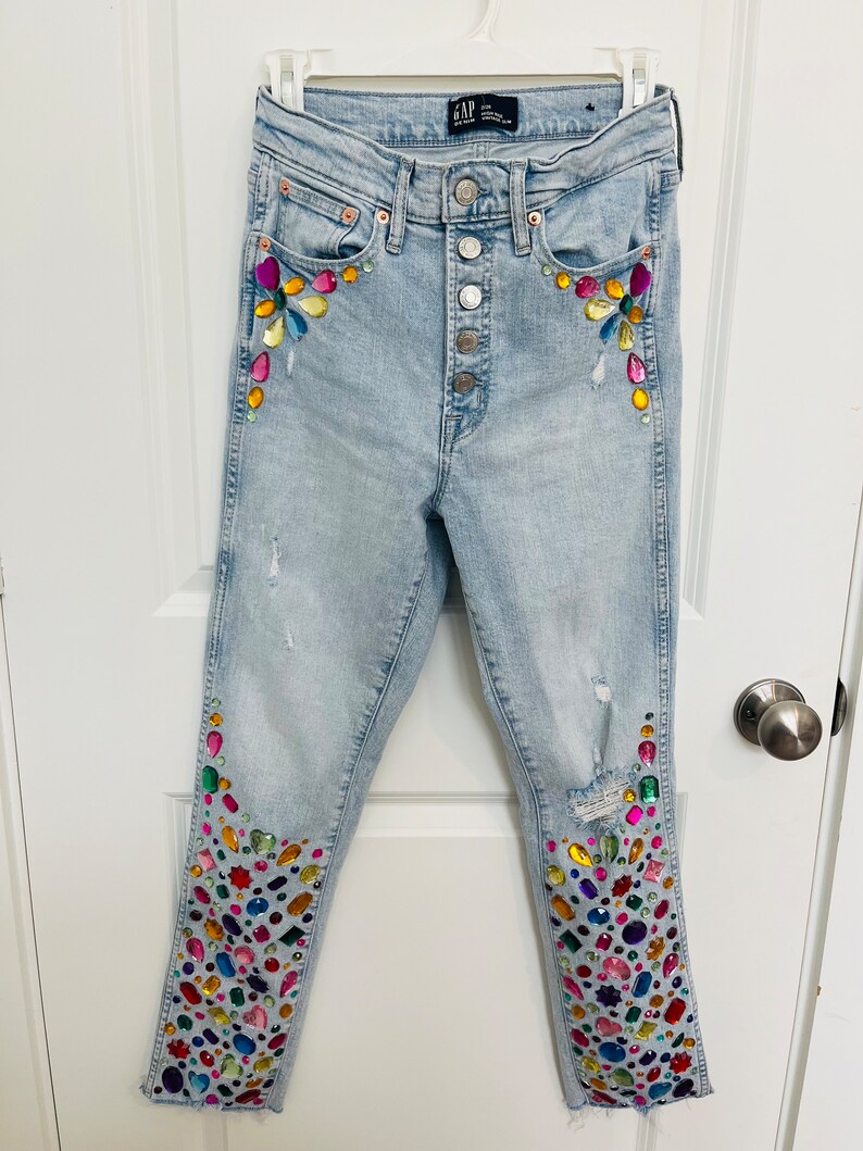 Rhinestone Boho Skinny Jeans: Upcycled High Rise Bedazzled Denim - Etsy