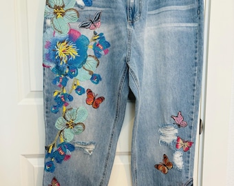 Embroidered Butterfly Jeans: Refashioned Boho Floral Denim, Size 17