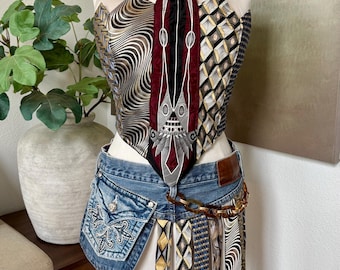 Upcycled Necktie Outfit: Vintage Tie Top & Denim Pocket Belt, M/L