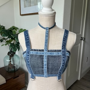 Boho Chic, upcycled denim, tube, tie back, chocker style, festival, summer outfit, street style, one of a kind, trending denim