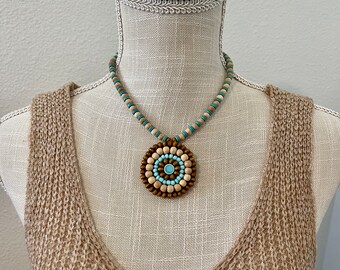 Wooden medallion drop boho chic necklace