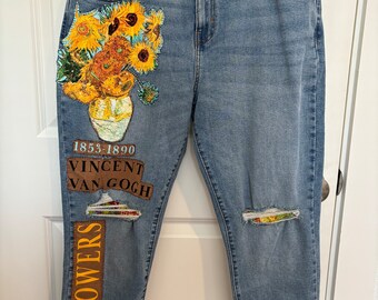 ✅archive sunflower denim pants van gogh Sunflower Jeans: Retro Flare Denim Pants - Loose Fit