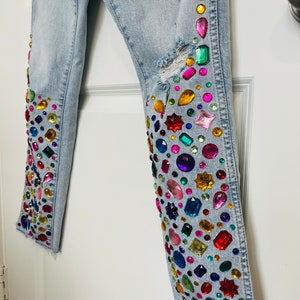 Rhinestone Boho Skinny Jeans: Upcycled High Rise Bedazzled Denim - Etsy