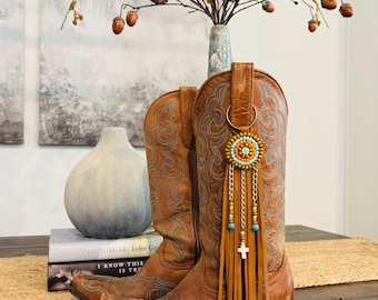 Handmade Beaded Cowboy Boot Charms, Western Leather Fringes, Boho Boot Dangles