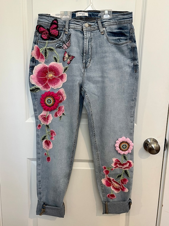 Upcycled Floral Embroidery Jeans, Ladies Size 8, Butterflies
